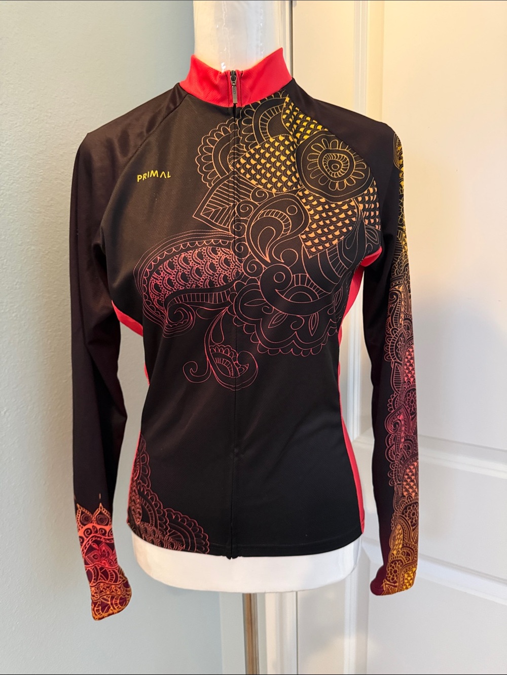 Primal Women's Black Long-Sleeve Cycling Jersey with Pink & Yellow Mandala Print